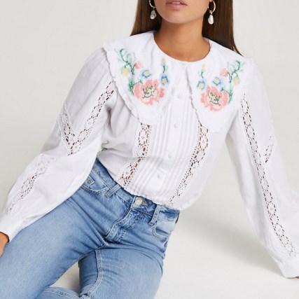 RIVER ISLAND White long sleeve floral embroidered blouse / oversized collar blouses