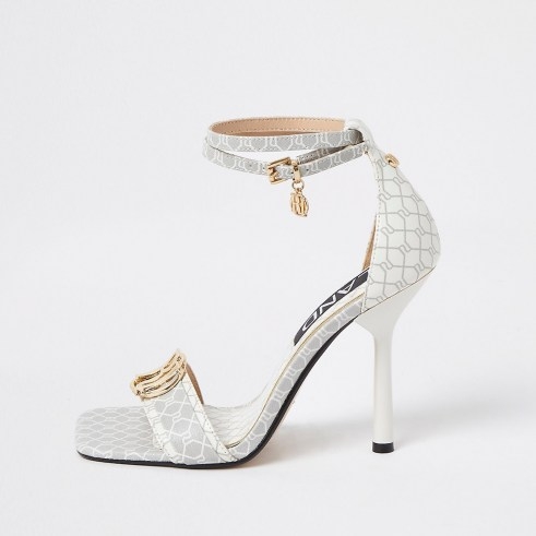 River Island White RI monogram barely sandal – ankle strap sandals – going out high heels - flipped