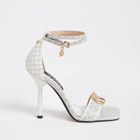 River Island White RI monogram barely sandal – ankle strap sandals – going out high heels
