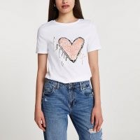River Island White short sleeve ‘Love Yourself’ t-shirt – heart print tee – hearts