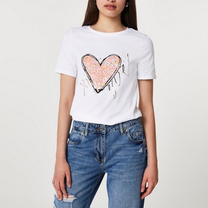River Island White short sleeve ‘Love Yourself’ t-shirt – heart print tee – hearts - flipped