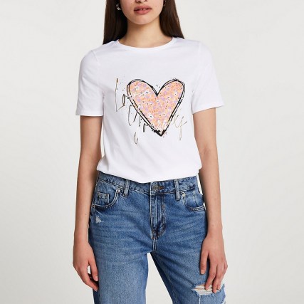 River Island White short sleeve ‘Love Yourself’ t-shirt – heart print tee – hearts