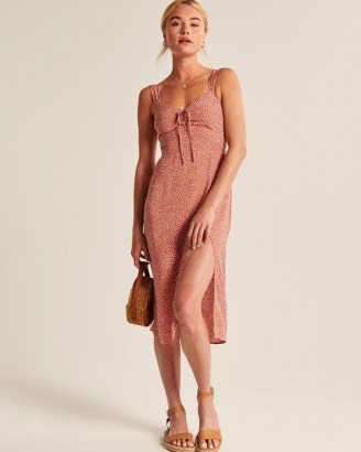 Abercrombie & Fitch Cinch-Front Midi Dress | adjustable wide straps and front side slit detail
