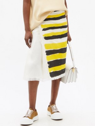 MARNI Brushstroke yellow and black stripe-print frayed-canvas wrap skirt ~ asymmetric front summer skirts - flipped