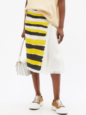 MARNI Brushstroke yellow and black stripe-print frayed-canvas wrap skirt ~ asymmetric front summer skirts
