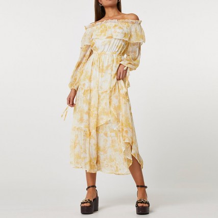 River Island Yellow floral print bardot maxi dress | floaty summer dresses | 70s style off the shoulder dresses - flipped