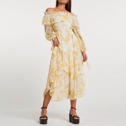 River Island Yellow floral print bardot maxi dress | floaty summer dresses | 70s style off the shoulder dresses