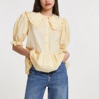 River Island Yellow frill tiered hem collared shirt – puff sleeve oversized collar shirts