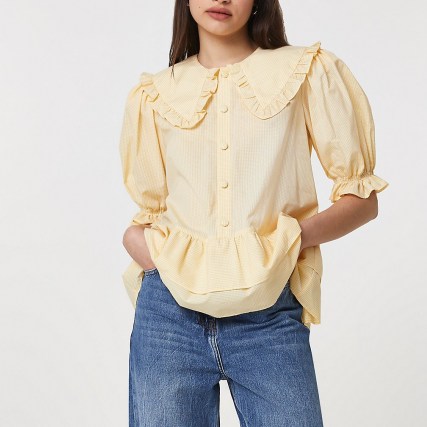 River Island Yellow frill tiered hem collared shirt – puff sleeve oversized collar shirts - flipped