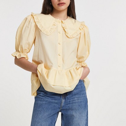 River Island Yellow frill tiered hem collared shirt – oversized collar shirts with puff sleeves