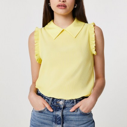 River Island Yellow ribbed collared blouse top – ruffle trim tops - flipped