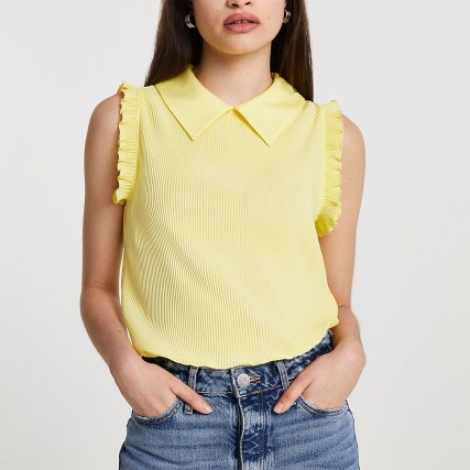 River Island Yellow ribbed collared blouse top – ruffle trim tops