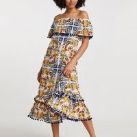 River Island Yellow scarf print dress – tiered bardot dresses – off the shoulder summer fashion
