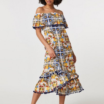 River Island Yellow scarf print dress – tiered bardot dresses – off the shoulder summer fashion - flipped