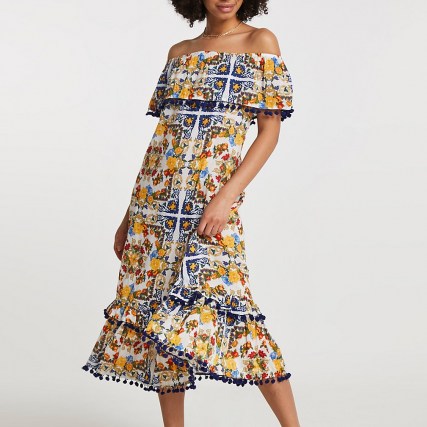 River Island Yellow scarf print dress – tiered bardot dresses – off the shoulder summer fashion