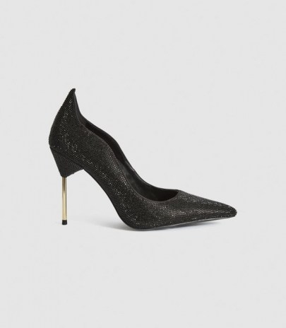 REISS ZHANE COURT EMBELLISHED POINT TOE HEELS BLACK ~ glittering high heel sculpted courts - flipped