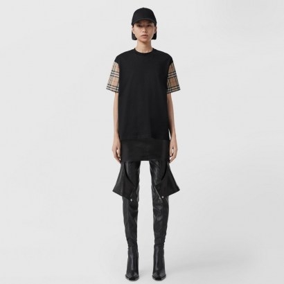 BURBERRY Vintage Check Sleeve Cotton Oversized T-shirt / classic black tee with short checked sleeves - flipped
