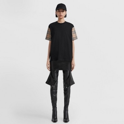 BURBERRY Vintage Check Sleeve Cotton Oversized T-shirt / classic black tee with short checked sleeves