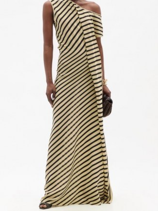 PETAR PETROV Acacia one-shoulder striped silk-crepe dress ~ beige and black stripe asymmetric maxi dresses - flipped