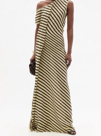 PETAR PETROV Acacia one-shoulder striped silk-crepe dress ~ beige and black stripe asymmetric maxi dresses