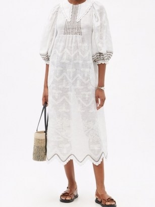 VITA KIN Addicted to Love white embroidered linen midi dress | balloon sleeve summer dresses - flipped
