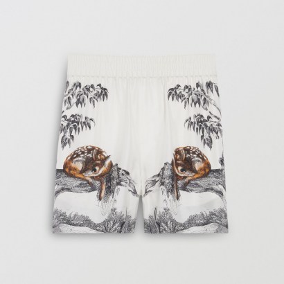 BURBERRY Deer Sketch Print Silk Shorts / cute animal prints on fashion - flipped
