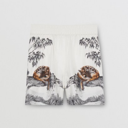 BURBERRY Deer Sketch Print Silk Shorts / cute animal prints on fashion