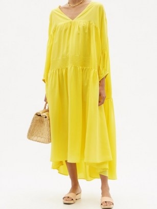 ANAAK Airi tiered silk-habotai maxi dress in yellow ~ bright loose fit summer dresses - flipped