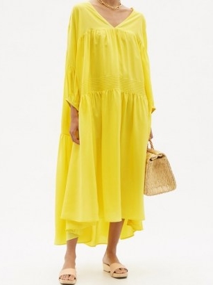 ANAAK Airi tiered silk-habotai maxi dress in yellow ~ bright loose fit summer dresses
