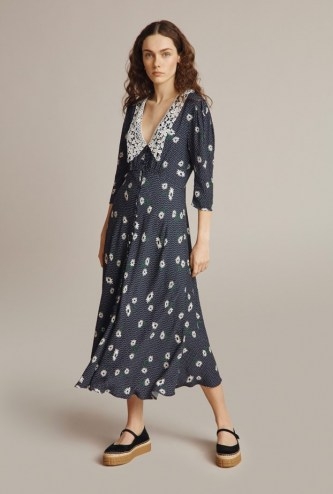 GHOST ALARA DRESS Navy Daises / floral oversized lace collar dresses - flipped