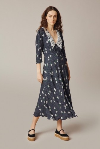 GHOST ALARA DRESS Navy Daises / floral oversized lace collar dresses