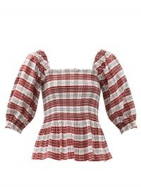 MOLLY GODDARD Alejandra shirred tartan cotton-blend peplum hem blouse / red plaid square neck blouses