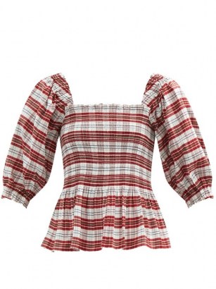 MOLLY GODDARD Alejandra shirred tartan cotton-blend peplum hem blouse / red plaid square neck blouses - flipped