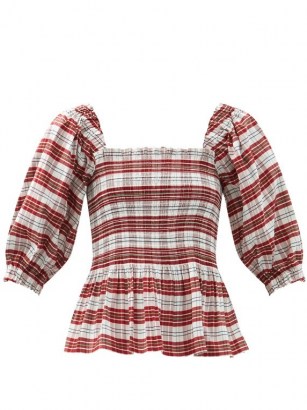 MOLLY GODDARD Alejandra shirred tartan cotton-blend peplum hem blouse / red plaid square neck blouses