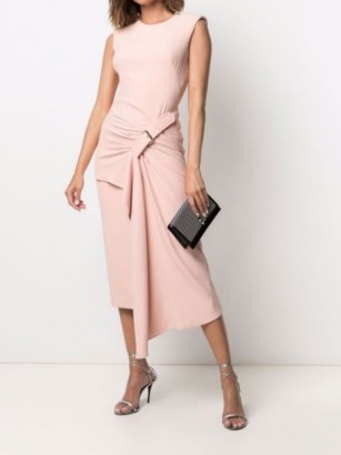 Alexander McQueen buckle-detail drape-front dress in rose pink – chic asymmetric ruched detail dresses
