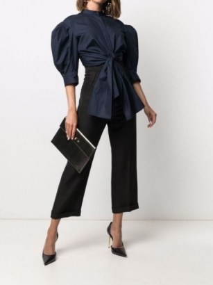Alexander McQueen knot-detail band-collar blouse ~ navy blue balloon sleeve open back blouses - flipped