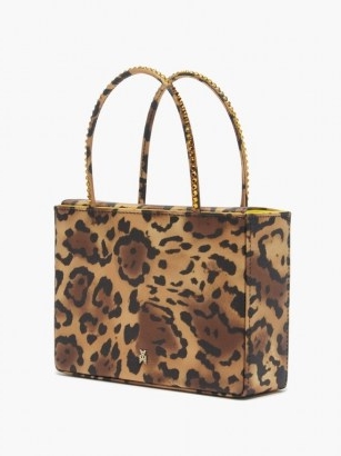 AMINA MUADDI Amina Gilda leopard-print silk-satin box bag. ANIMAL PRINT OCCASION BAGS. SMALL CRYSTAL EMBELLISHED TOP-HANDLE HANDBAG