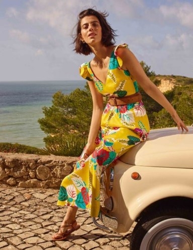 Boden Andrea Frill Sleeve Maxi Dress / yellow leaf print dresses - flipped