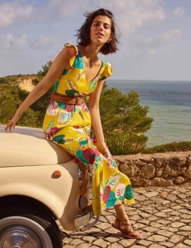 Boden Andrea Frill Sleeve Maxi Dress / yellow leaf print dresses