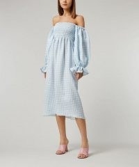 SLEEPER Atlanta Puff-Sleeve Linen Midi-Dress / blue gingham bardot dresses / off the shoulder summer fashion