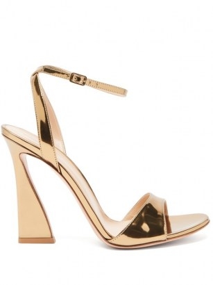 GIANVITO ROSSI Aura flared-heel metallic patent-leather sandals ~ gold ankle strap sandal - flipped