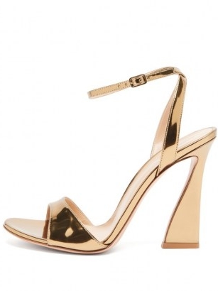 GIANVITO ROSSI Aura flared-heel metallic patent-leather sandals ~ gold ankle strap sandal