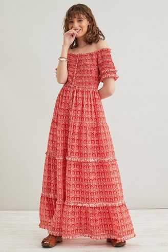 ANTHROPOLOGIE Daisy Checked Maxi Dress – red frill trim off the shoulder dresses