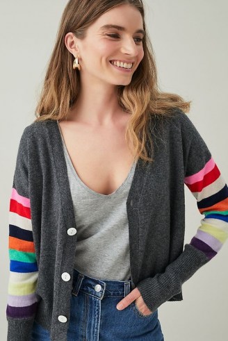 Orwell + Austen Striped Cashmere Cardigan Carbon | grey rainbow sleeve front button cardigans - flipped