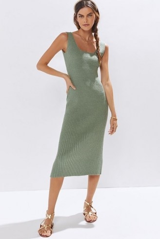 Amadi Knitted Midi Dress Moss – green rib knit open back tank dresses