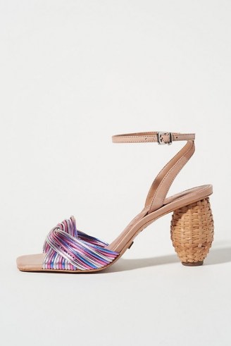 ANTHROPOLOGIE Tanya Heeled Sandals Pink Combo ~ woven rattan-wrapped heel sandal - flipped