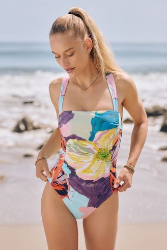 Maeve Blossom Ruched One-Piece Swimsuit / bold floral print swimsuits - flipped