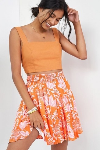 Maeve Ruffled A-Line Mini Skirt Orange Motif | floral flared hem summer skirts - flipped