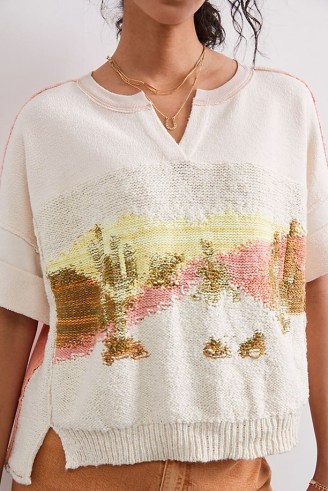 Pilcro Desert Intarsia Knitted Tee Pink Combo