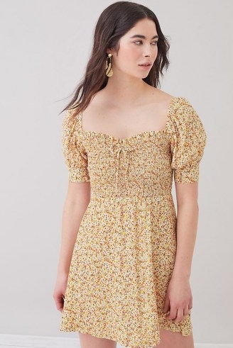 Faithfull the Brand Dulcia Puff-Sleeve Mini Dress / floral sweetheart neckline dresses